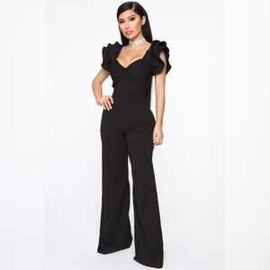 Fashion Nova - Ruffle Sleeve, Wide Leg, Twist Front Jumpsuit
